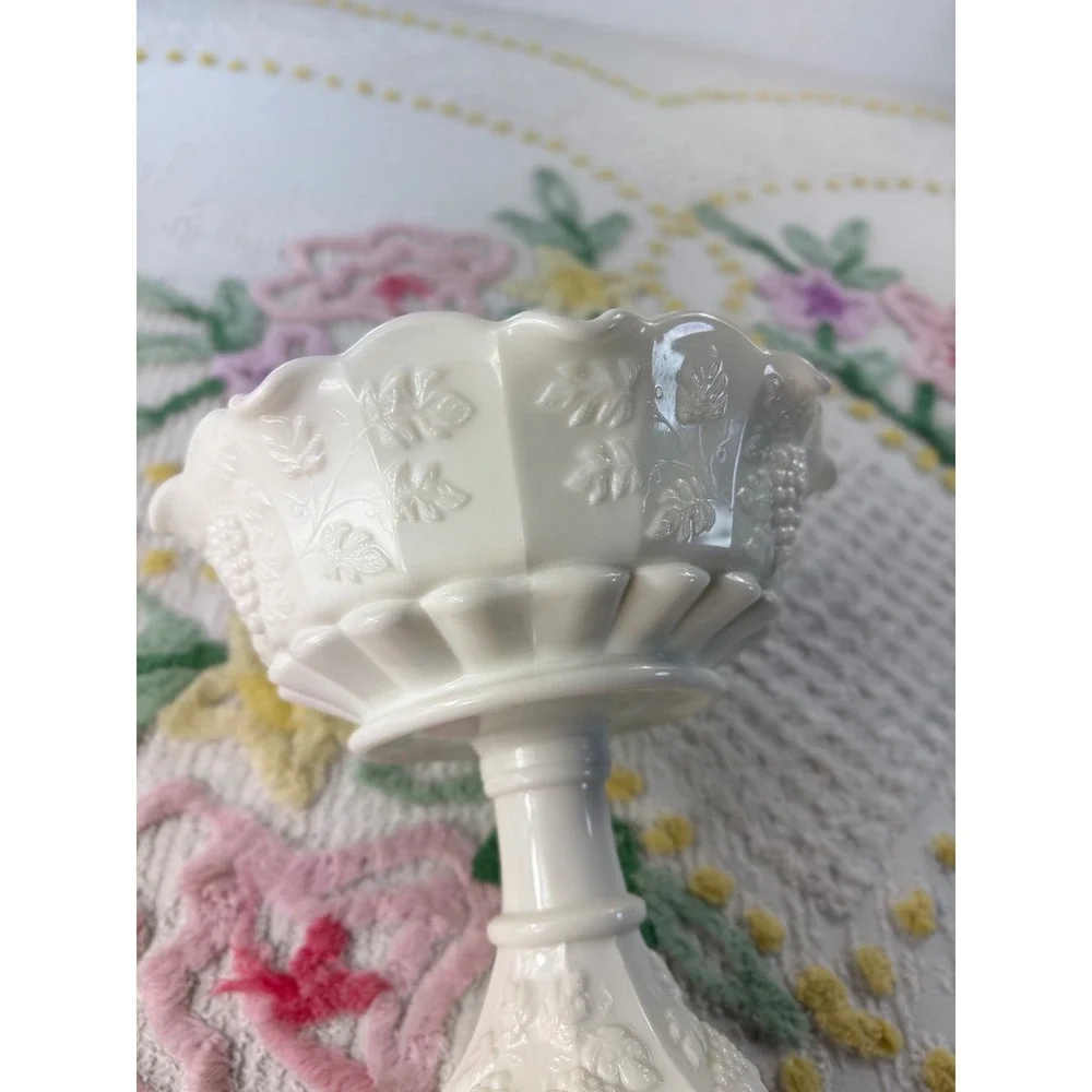 Westmoreland Milk Glass Paneled Grape Pedestal Bowl Scalloped Compote Candy Dish